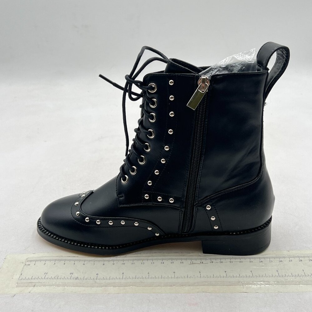 Black Women's Studded Round Toe Lace Up Ankle Booties Block Low Heels Shoes